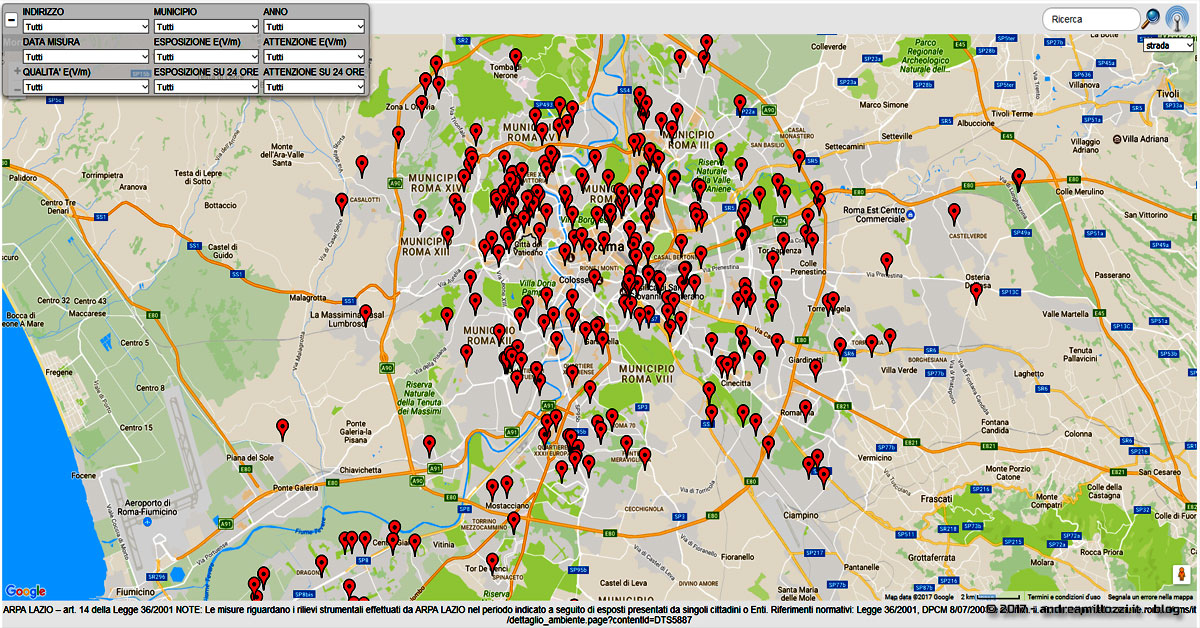  guarda dove sono ubicate le antenne di telefonia nel tuo comune ed impara a realizzare una mappa fai-da-te partendo dagli Open Data in formato testuale | mappa misura campi elettromagnetici di Roma 2013 2017