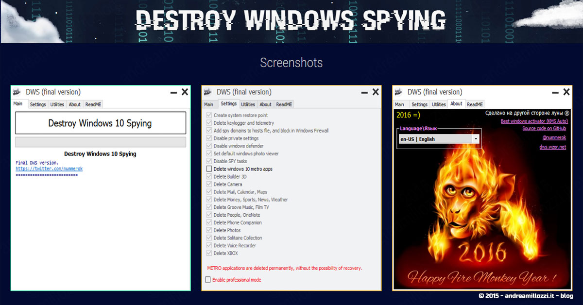 Andrea Millozzi blog | Microsoft Windows 10 | Destroy Windows Spying | screenshots