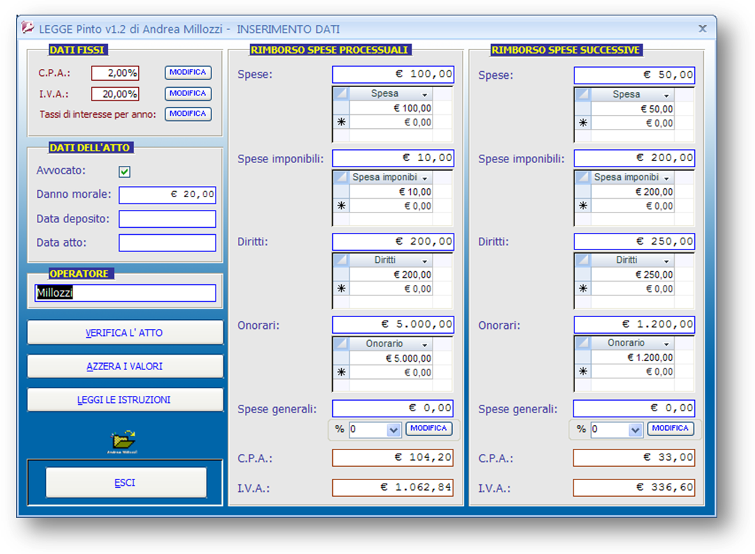Andrea Millozzi blog - Applicativo Legge Pinto | pannello inserimento comandi