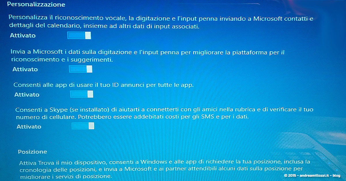 Andrea Millozzi blog | Microsoft Windows 10 | Personalizza impostazioni | sezione 1