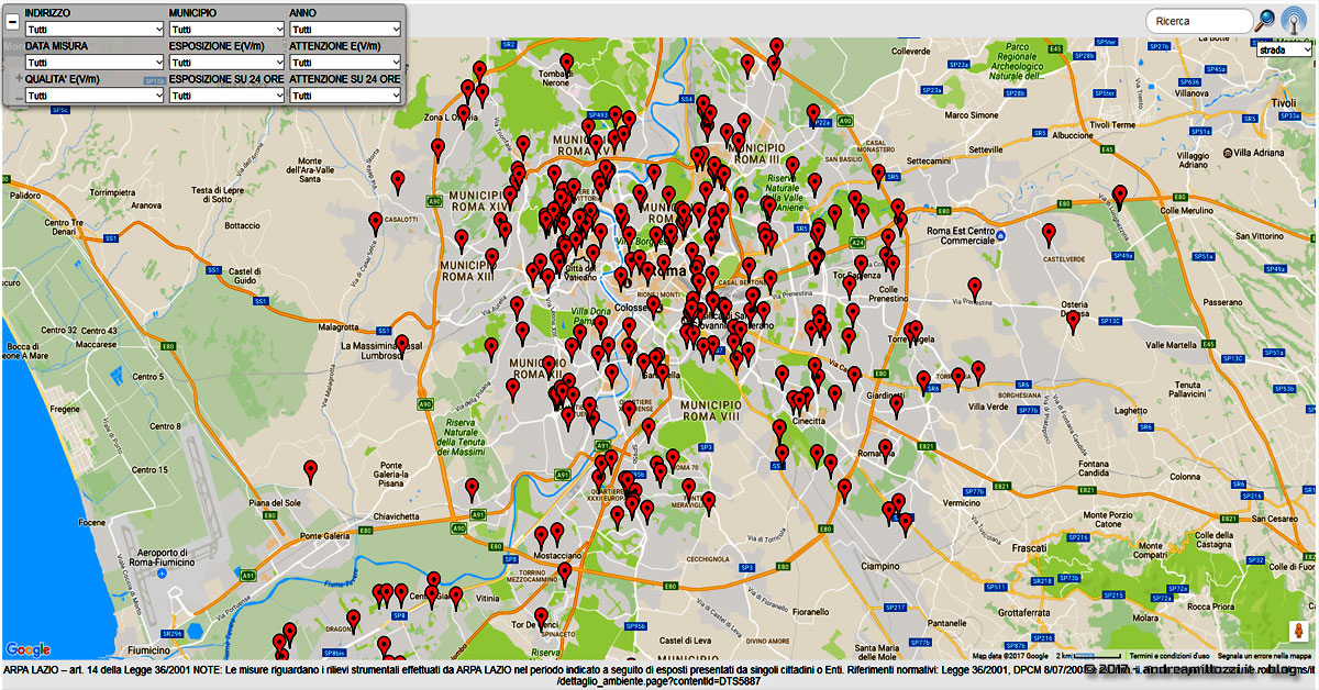 Vai alla Mappa delle misure di campo elettromagnetico in alta frequenza della città di Roma dal 2013 al 2017 guarda dove sono ubicate le antenne di telefonia nel tuo comune ed impara a realizzare una mappa fai-da-te partendo dagli Open Data in formato testuale | mappa misura campi elettromagnetici di Roma 2013 2017